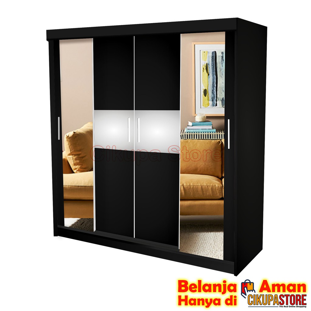 Lemari Pakaian 4 Pintu Sliding Strip + 2 Kaca Samping