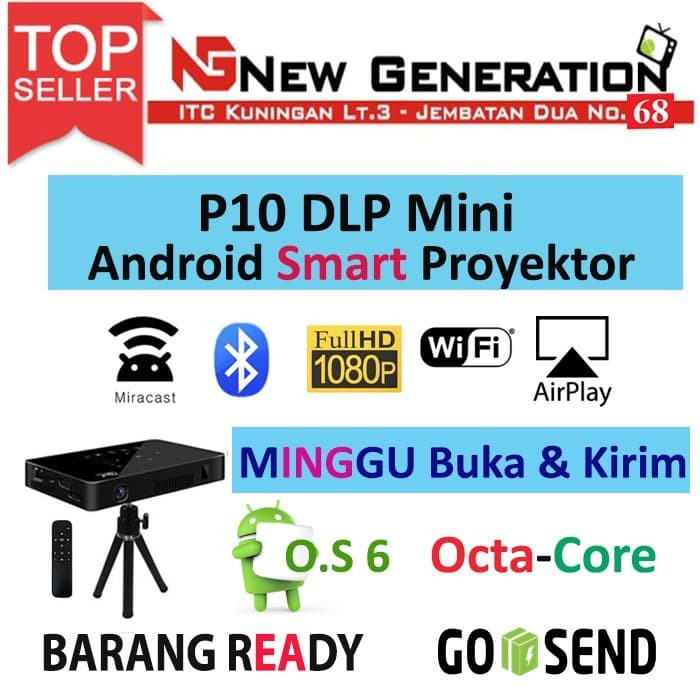 Ready P10 DLP MINI SMART PROYEKTOR / PROJECTOR ANDROID 6.0 OCTACORE 2GB/16GB