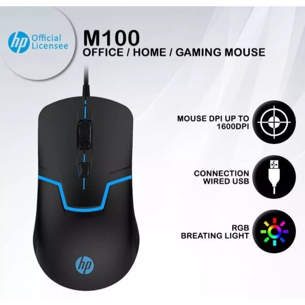 MOUSE GAMING HP M100 SENSOR HIGH 1600DPI RGB LED USB WIRED KABEL-MOUSE GAMING HP M100 WIRED OPTICAL KABEL-MOUSE KABEL LAPTOP-PC KOMPUTER-NOTEBOOK-MOUSE GAMERS HP M100