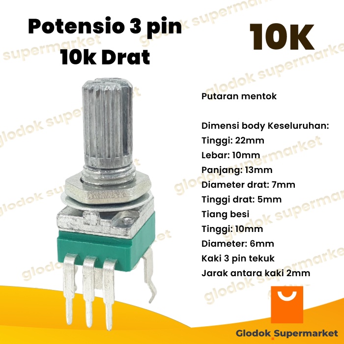 Potensio 3 pin 10k Mono Kaki 3 Tekuk Segi Hijau 103