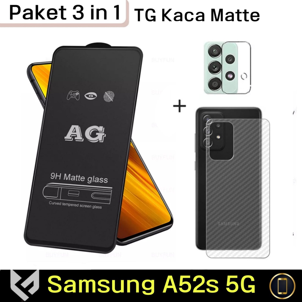 PROMO PAKET 3 IN 1 Tempered Glass Samsung Galaxy A52 A52s Free Anti Gores Camera &amp; Skin Carbon Pelindung Body Belakang Handphone