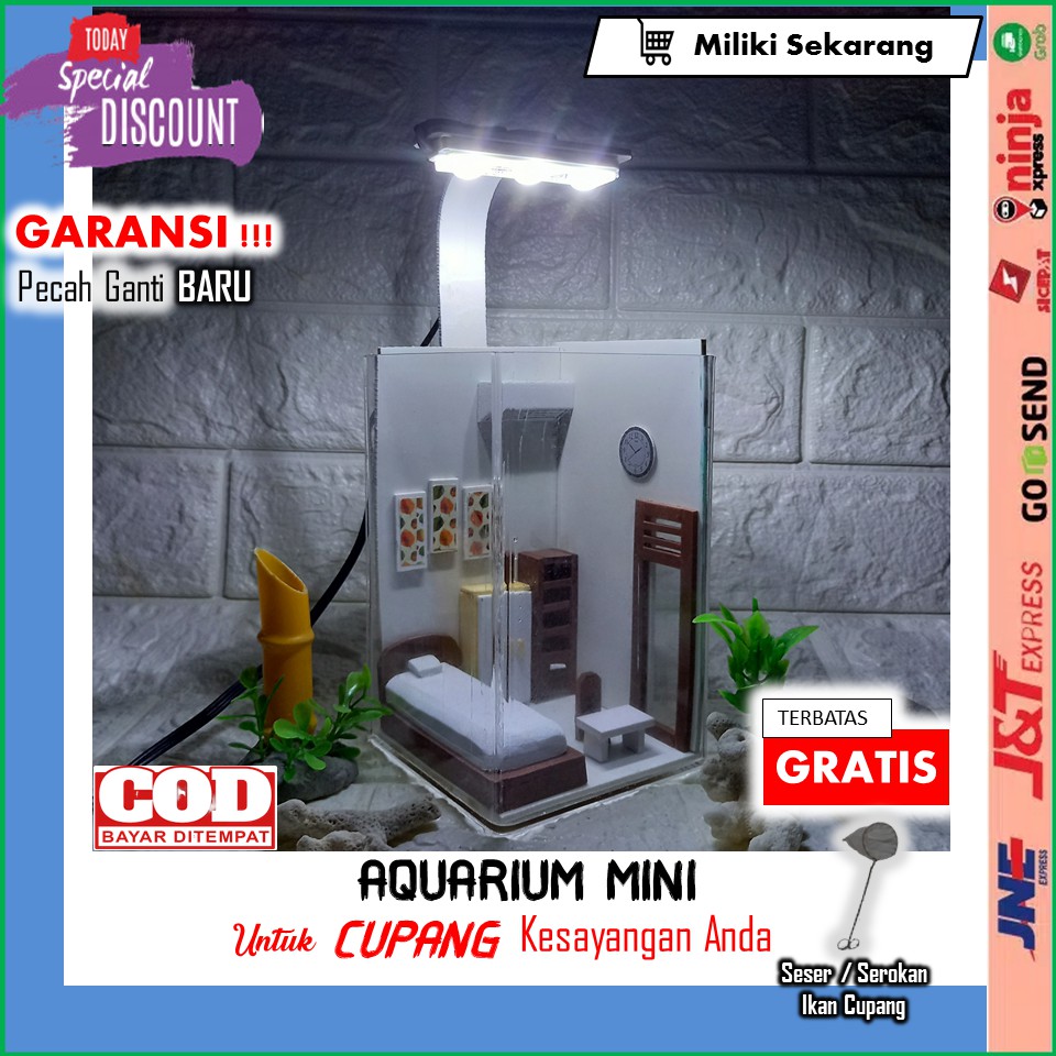 Aquarium Mini Akuarium Aquascape Soliter Mini Kamar Kos Kandang Ikan Cupang Guppy + LED