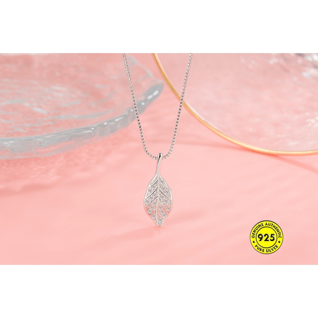 Kalung Rantai Sterling Silver 925 Dengan Liontin Daun Hias Berlian Imitasi Untuk Wanita