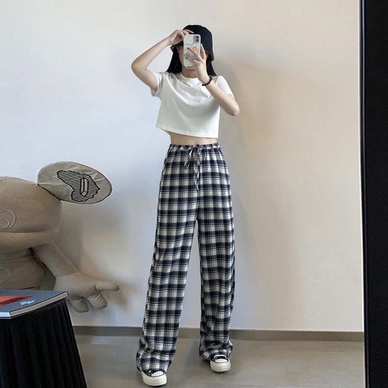 yikoo-Celana wanita kotak-kotak kasual longgar panjang celana kaki lebar wide leg pants