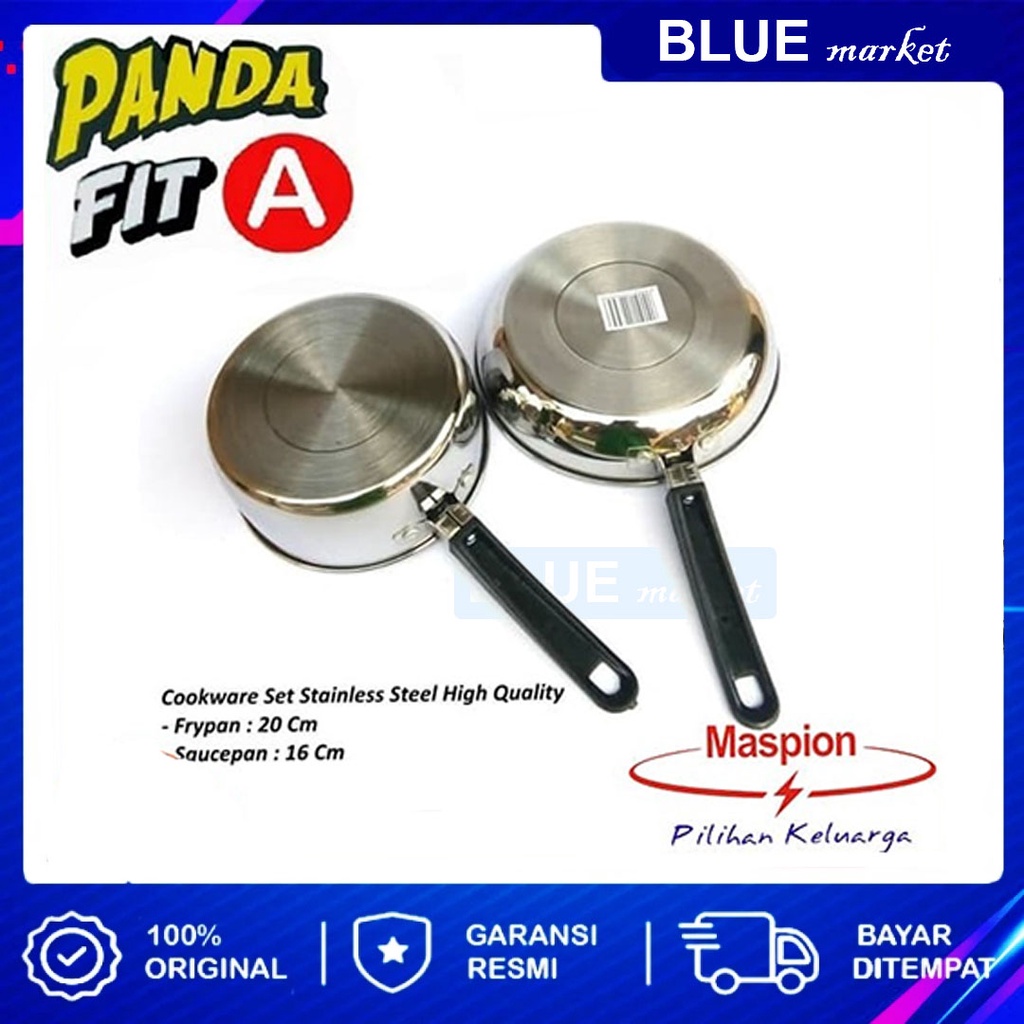 Maspion SS Panda Set Fit A Milkpan / Panci Susu 16 cm + Frypan / Panci Wajan Penggorengan 20 cm Stainless Steel Panci 2 Pcs Set - Silver