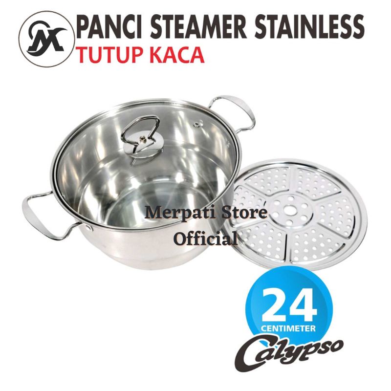 Merpati Store - Panci Kukus Panci Stainless 24cm / Kukusan Stainless Panci Kukusan Tutup Kaca Stainless Steel