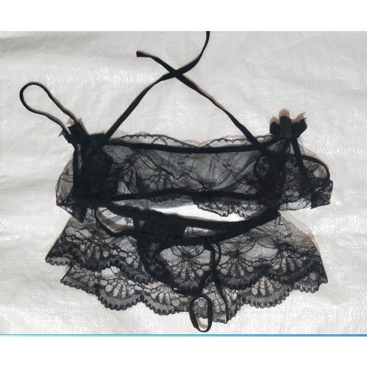 (Ready Stock) Lingerie Sexy Lace Set Bikini transparan Bra dan G String Underwear Babydoll 3B052