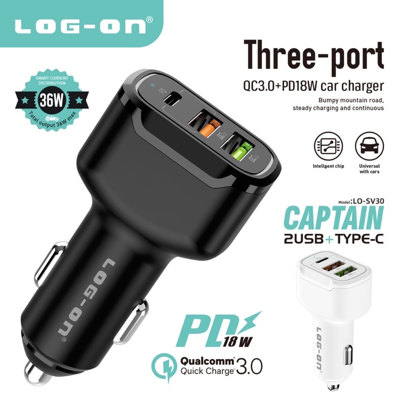 BATOK SAVER MOBIL LOG ON 3PORT USB LO-SV30 PD+QC3.0 FAST CHARGING - CAR CHARGER