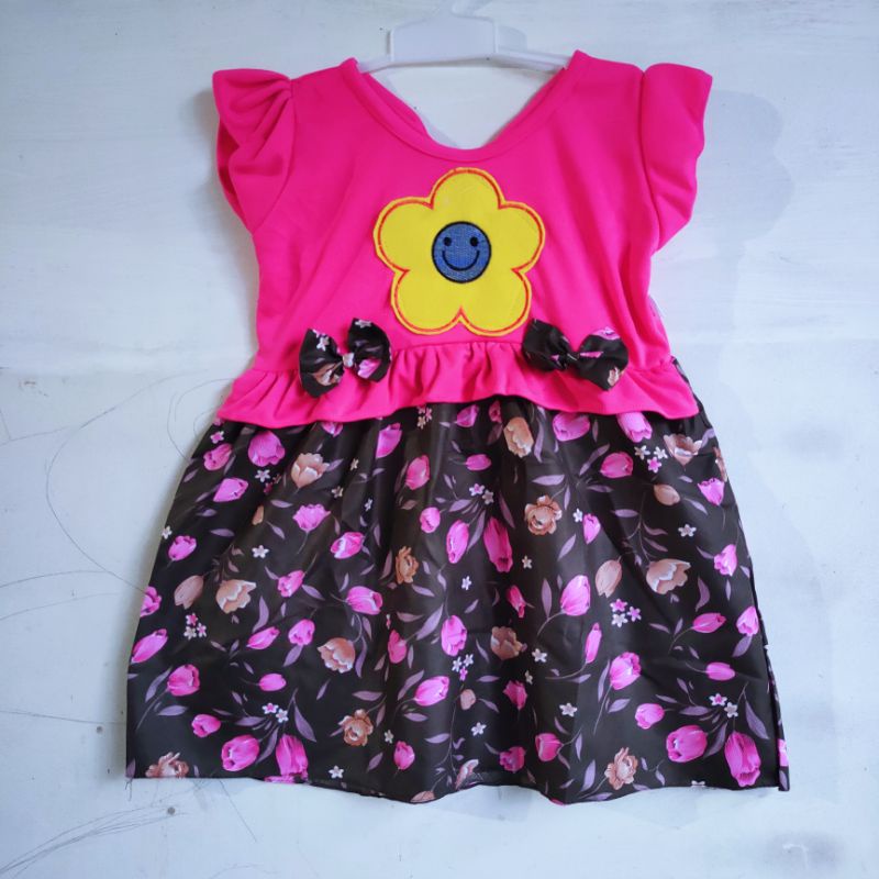 Dress anak cewek 1 2 Tahun perempuan tulip pita kartun smile ( Dress SmileTu)