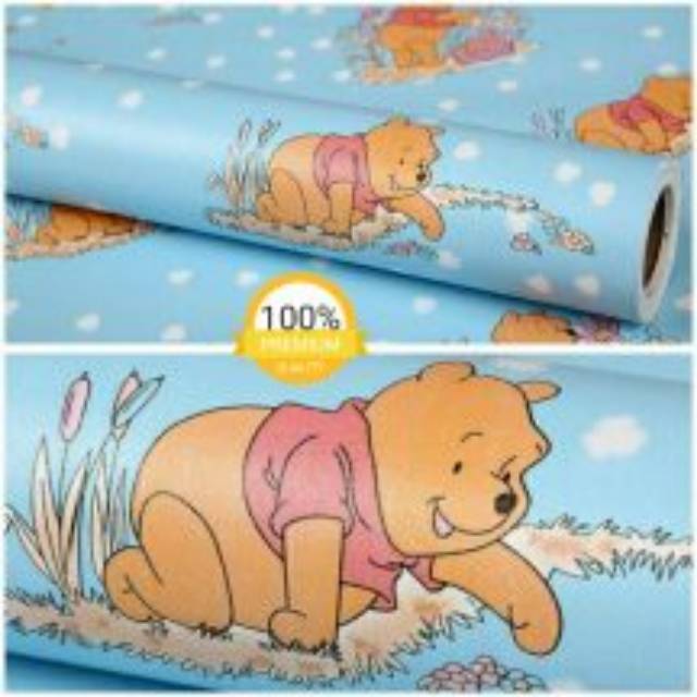 Grosir walpaper stiker dinding 3d motif cartoon winny the poo warna biru langit