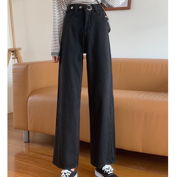 Hitam New Korean Highwaist Kulot Celana Jeans Wanita (Disesuaikan Pinggang)