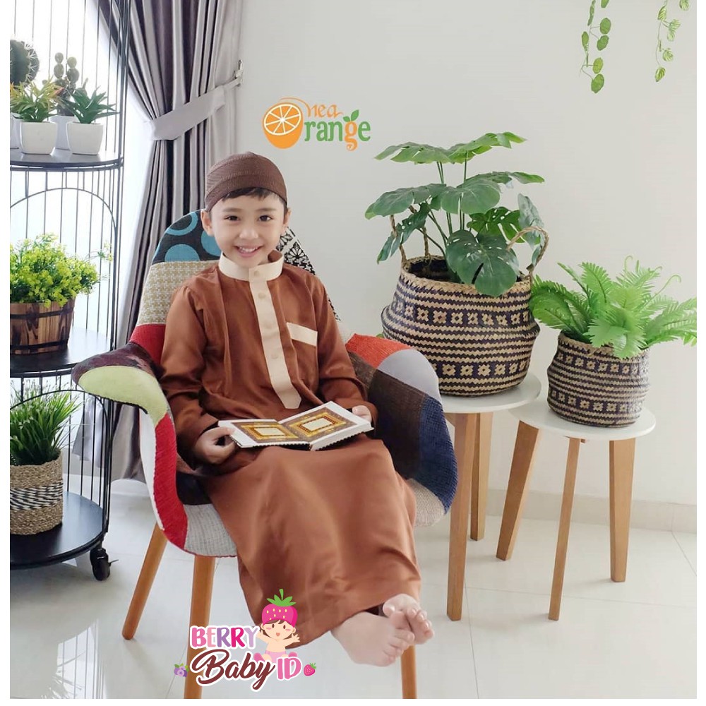 Nea Orange Gamis Velvet Baju Muslim Anak GRATIS Peci Rajut Berry Mart