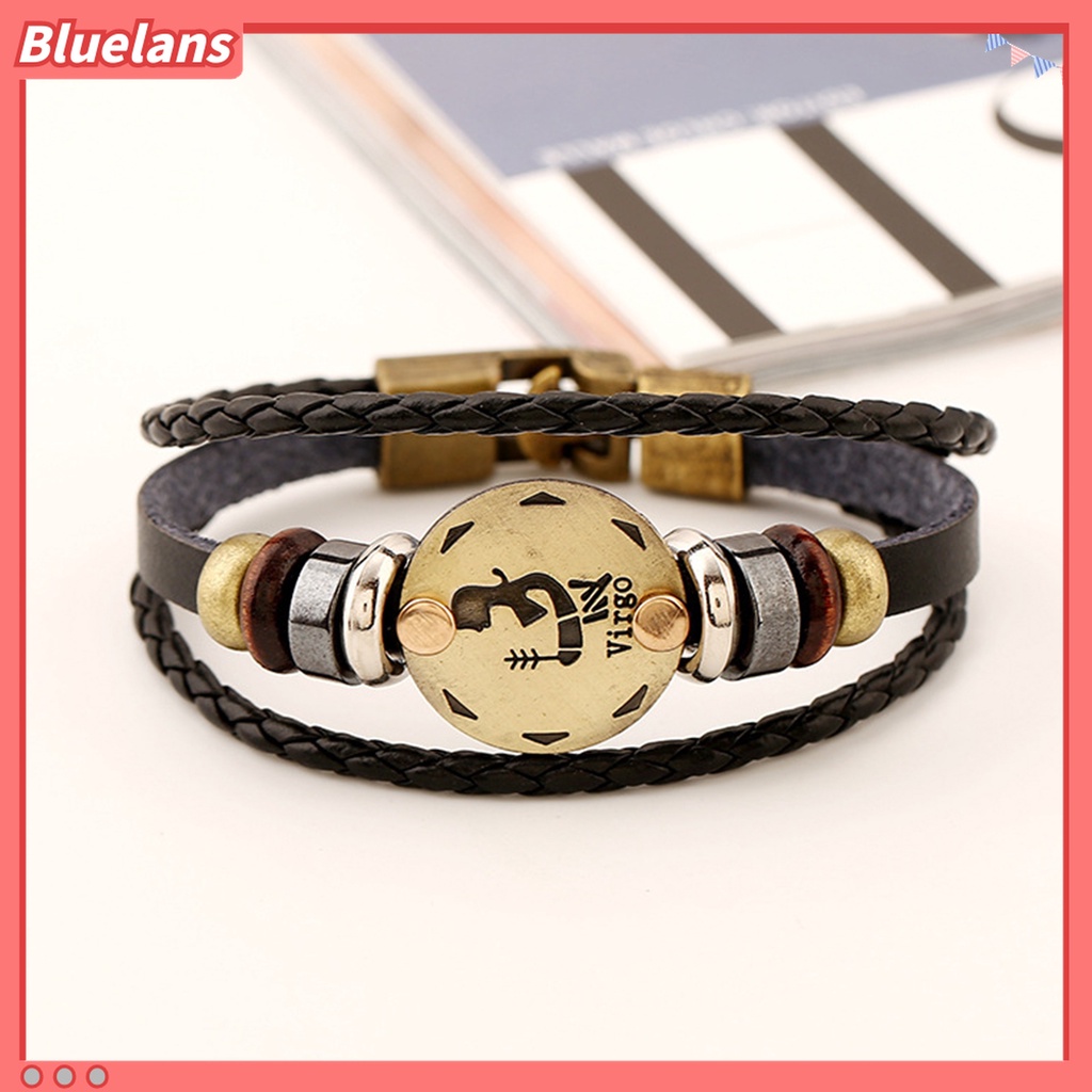 Gelang Tali Kepang Multilayer Bahan Kulit Imitasi Motif Rasi Bintang Untuk Pria