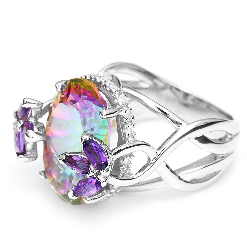 SeuSuk Cincin Wanita Hias Kristal Warna Pelangi Hias Berlian Ungu Imitasi