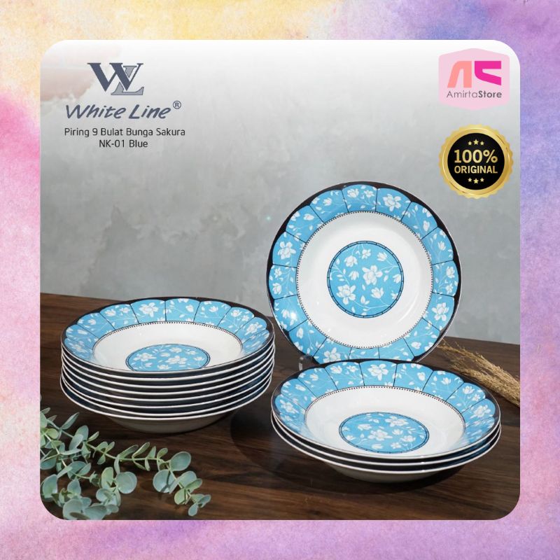 1 Lusin Piring Makan Bahan Keramik White Line & MMS Motif Bunga - Diameter 9 Inch (22.8 cm) warna bi