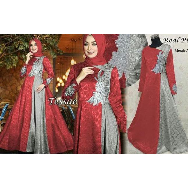 BAJU GAMIS MUSLIM PESTA TESSAE MERAH ABU / GAMIS KONDANGAN MEWAH