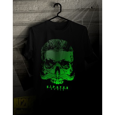 KAOS HIPSTER STYLE BIG SKULL KUMIS FOSFOR GLOW IN THE DARK L2K 238