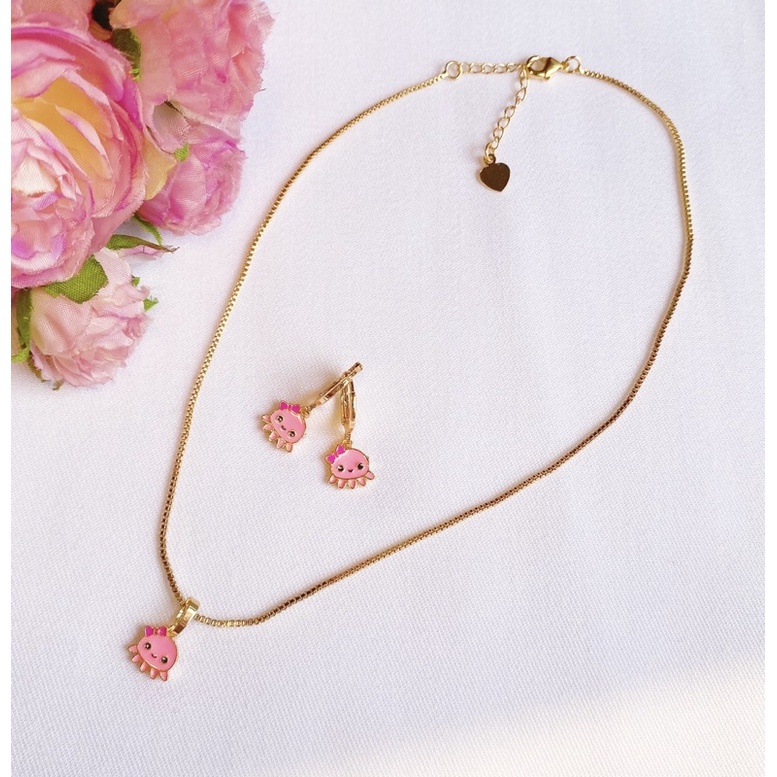 Set Perhiasan Anak Cute Pink Squid ( Kalung + Sepasang Anting)