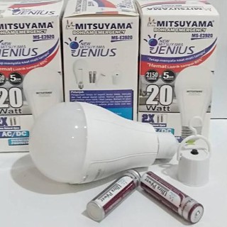 Lampu LED Bulb Emergency Jenius 20w Mitsuyama E3920 + 2Battery 18650 Fitting Gantung DC Cahaya Putih