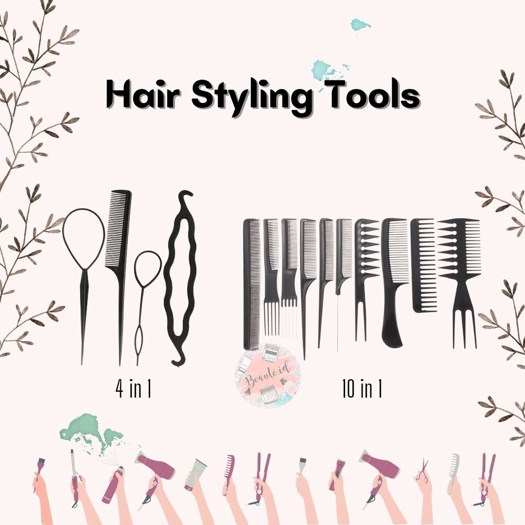 Sisir Rambut Salon Barber Hair Comb / Sisir Anti Rontok / Alat Styling Rambut Pria Wanita Sanggul Hairbun Sisir Cat Rambut 4 / 10 Set