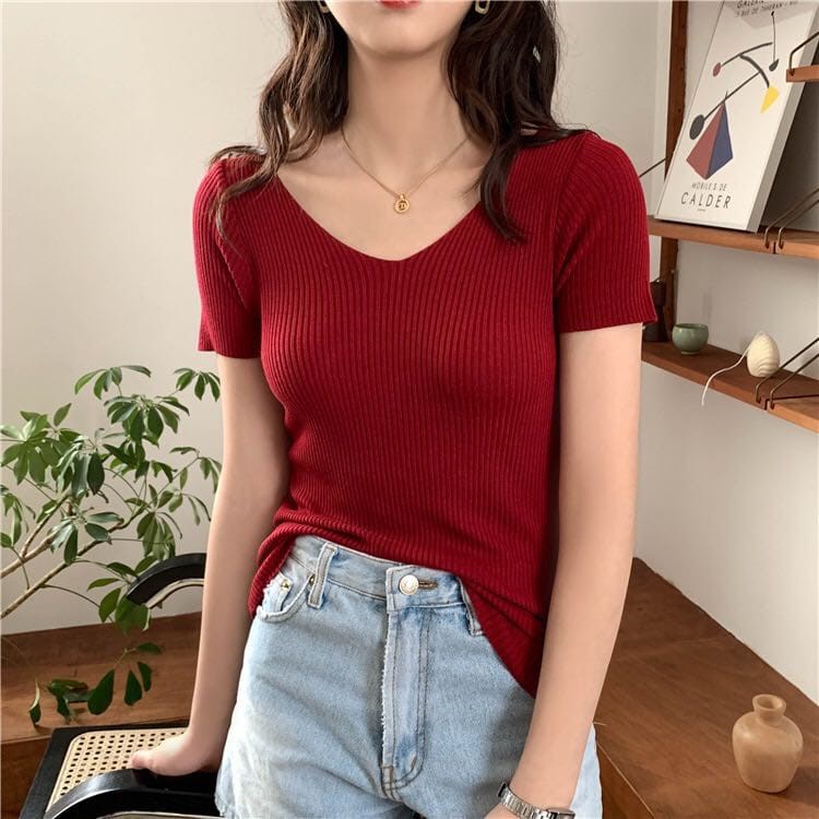 Korean V-Neck T-Shirt Wanita Rajut Lengan Pendek//atasan rajut wanita murah