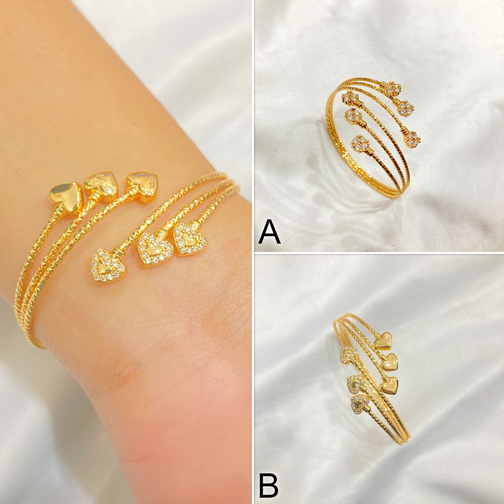 Gelang Cuff Wanita Flexible Motif Bunga Permata Lapis Emas Aksesoris Fashion GLE78