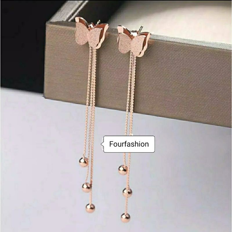 Fourfashion Anting Tusuk Titanium Kupu - Kupu Dengan Panjang Rumbai 6,5 cm TS04