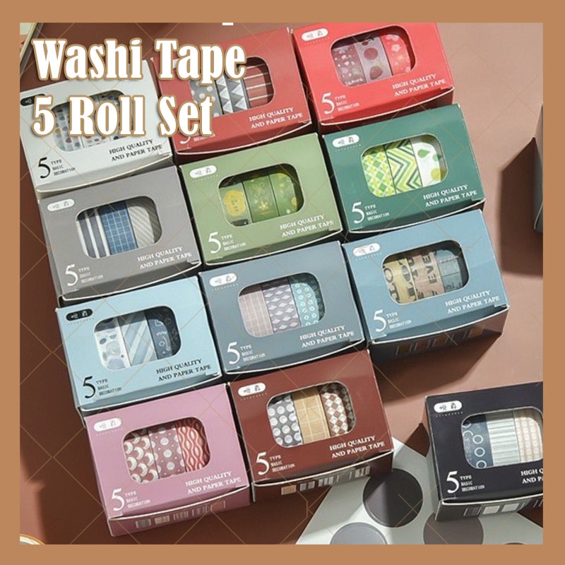 

5 Roll/Set Washi Tape Motif - Selotip Warna Warni Motif Minimalis Masking Tape Journal Bujo Kit