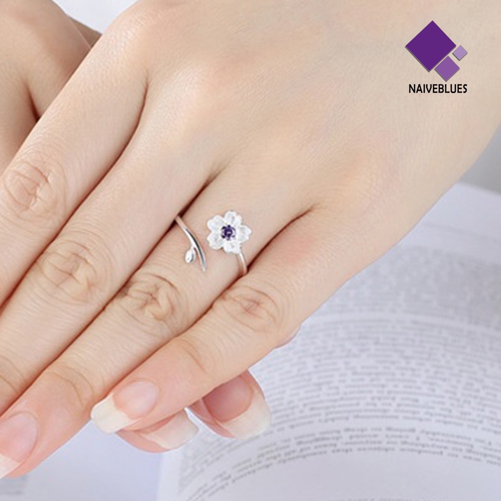 Cincin Wanita Model Terbuka Bahan 925 Sterling Silver Plated Desain Cherry Sakura Untuk Hadiah Ulang Tahun