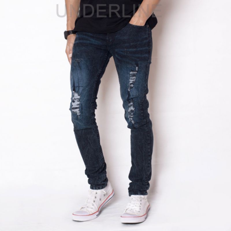 TERLARIS Jeans pria denim slim fit, ripped jeans pria original underline