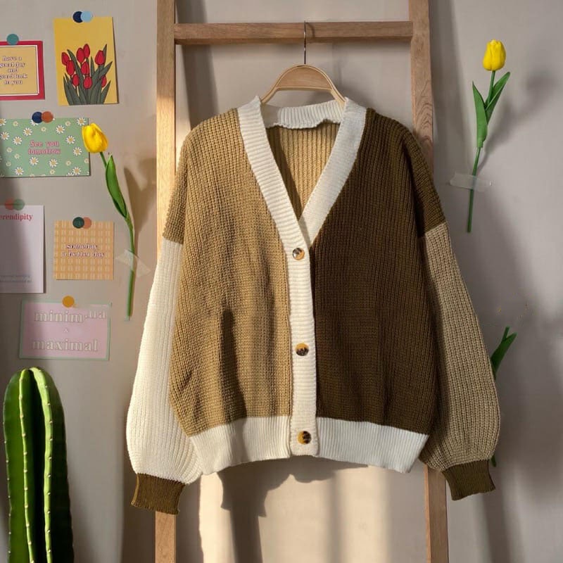 COD - HELEN CARDIE | CARDIGAN RAJUT TWIST PREMIUM | OUTER OUTERWEAR KNIT MIX WARNA KOMBINASI | KARDIGAN TEBAL HIGH QUALITY.helena-Coksu Bronze