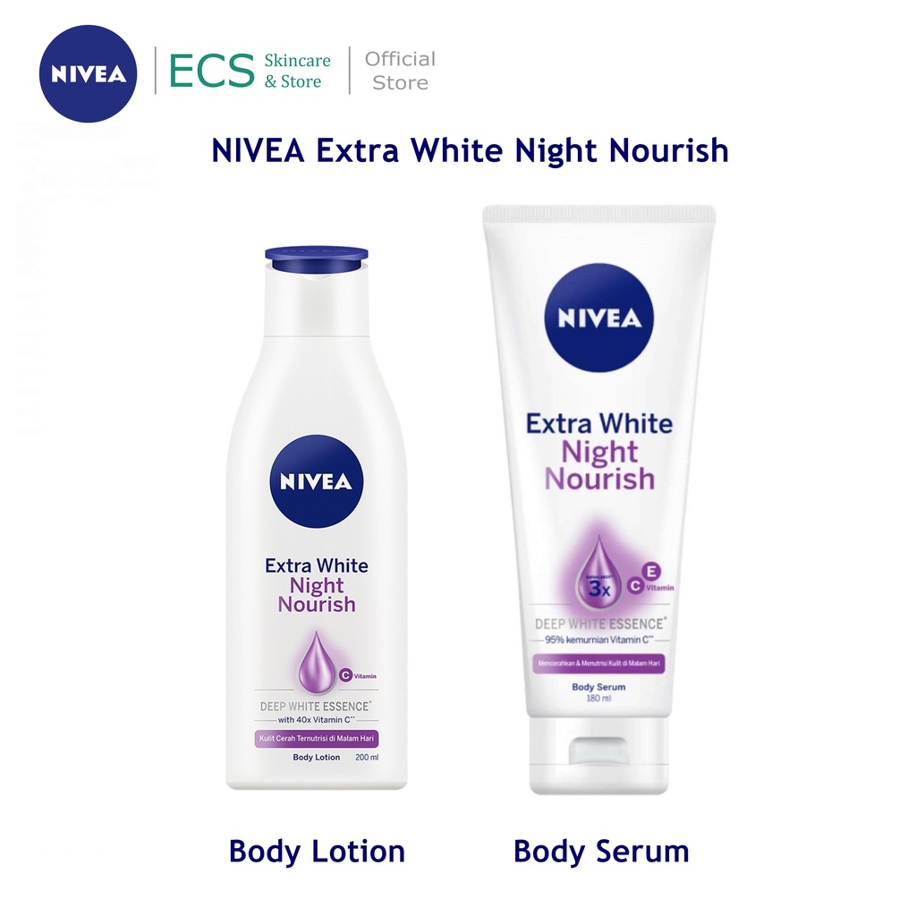 NIVEA Extra White NIGHT NOURISH Body Serum 180ml / Body Lotion 200ml - Mencerahkan kulit di Malam Hari (Kemasan Besar Kecil Sedang) - Handbody Hanbody Hand Body Handbodi Hanbodi Radian Smoth Ungu Care