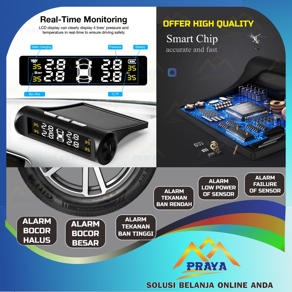 TPMS (TIRE PRESSURE MONITORING SYSTEM) ALAT CEK MONITOR TEKANAN BAN ANGIN BAN BOCOR KEMPES RODA MOBIL DIGITAL SOLAR