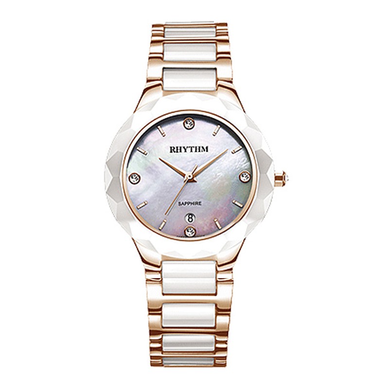Rhythm F1205T 03 Stainless Ceramic Jam Tangan Wanita - Putih Rosegold