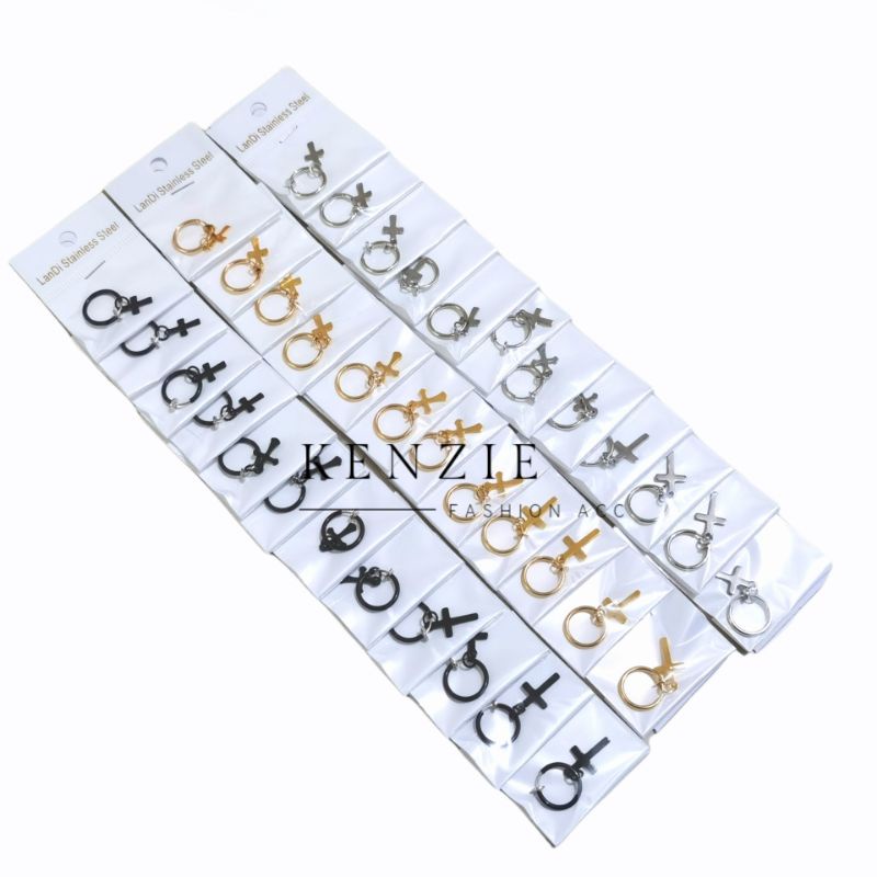 Anting Jepit Fake isi 12 Pcs Anting Hoop Salib Stainless Steel