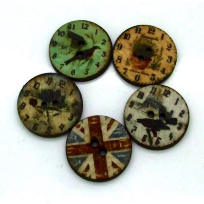 Kancing Kayu Dua Lubang - Round Clock and Flag Style (10 pcs)