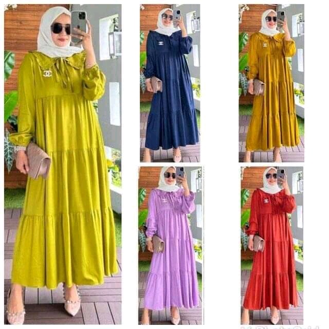 Midi Dress Susun/Gamis Canda Midi Dress Susun Tali Kerah/Dress Susun Bahan Rayon Premium Polos/Midi 