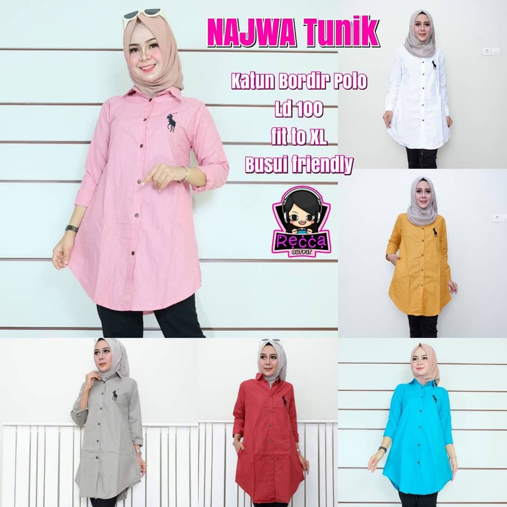 Jual Atasan Wanita TUNIK XL Polo LD 100 Bisa COD Putih Polos Katun kancing Lengan Panjang NAZWA
