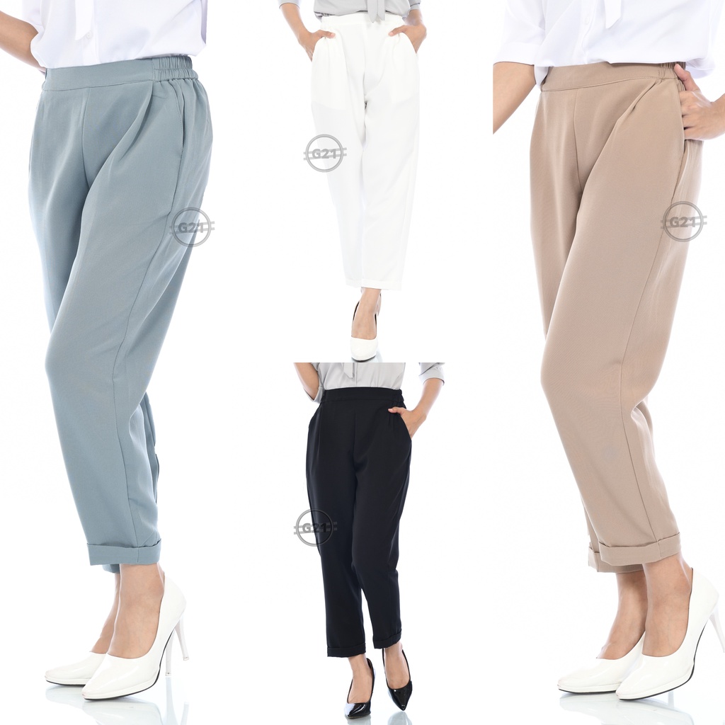 Celana Baggy Pants Wanita Premium Pinggang Karet Highwaist Model Ankle Celana Panjang Wanita Kasual Kerja Kantor Polos Pinggang Karet