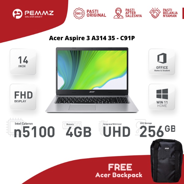 ACER ASPIRE 3 A314-35 - C91P - 14"FHD - N5100 - SSD 256GB - SILVER