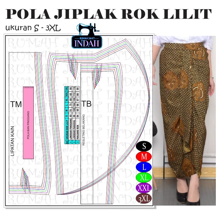 Pola baju pola jahit pola Rok lilit dewasa Ukuran S - 3XL