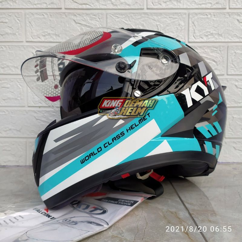 HELM KYT FALCON FR FLOW AQUA BLUE BLACK DOUBLE VISOR ORIGINAL HELM TOURING KYT HELM BALAP KYT FALCON