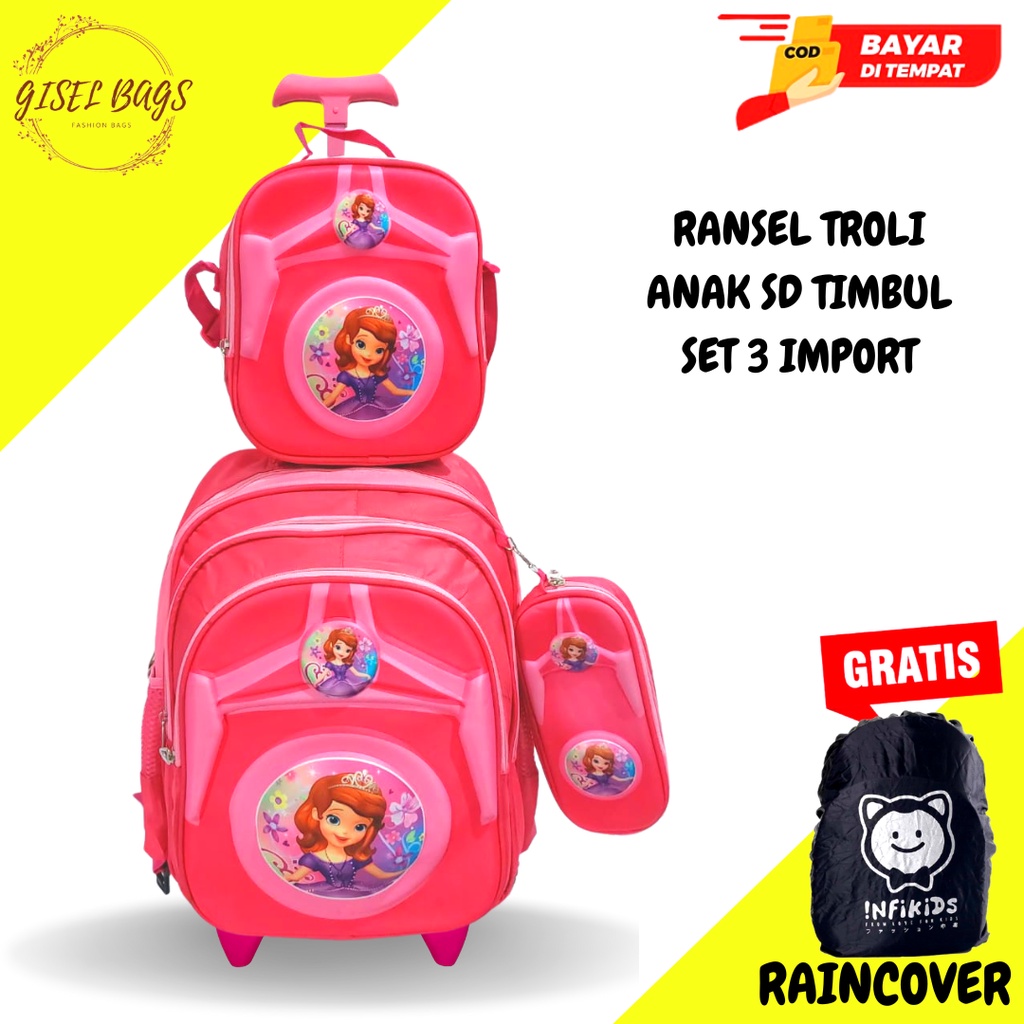 GB-Tas ransel troli anak perempuan SD tas ransel troli timbul tas ransel troli karakter lucu tas ransel troli import