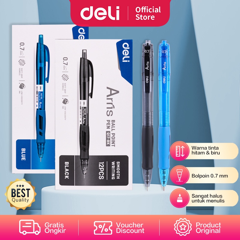 

Deli Ballpoint Pen / Bolpoin Pulpen 0.7mm Tinta Hitam & Biru Isi 12 pcs Penulisan Halus Pegangan Nyaman EQ17