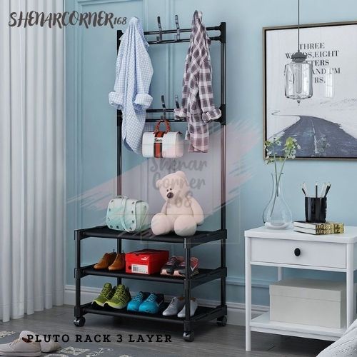 SHENAR RAK GANTUNG BAJU / Stand Hanger Rak Sepatu / GANTUNGAN Penyimpanan Jaket Topi / Rak Jemuran Baju / Rak Sepatu Sandal Rak Serbaguna, PLUTO RACK 3 LAYER, SHENARCORNER168