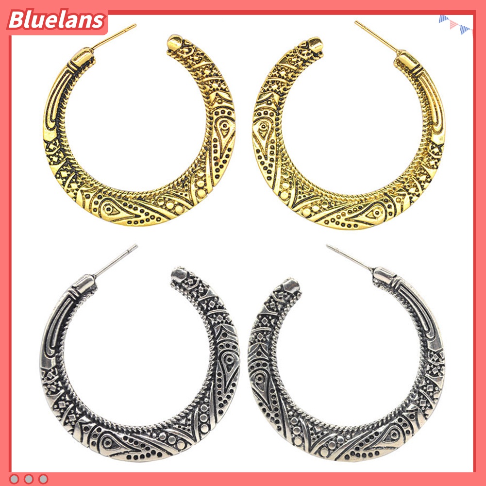 Anting Hoop Bentuk Lingkaran Besar Motif Ukir Gaya Vintage Tibet Untuk Wanita