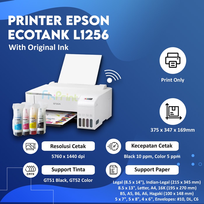 Printer InkTank Epson L1256 / L1250 WiFi White Wireless Print A4 Infus Pabrik Resmi L-1250 L-1256