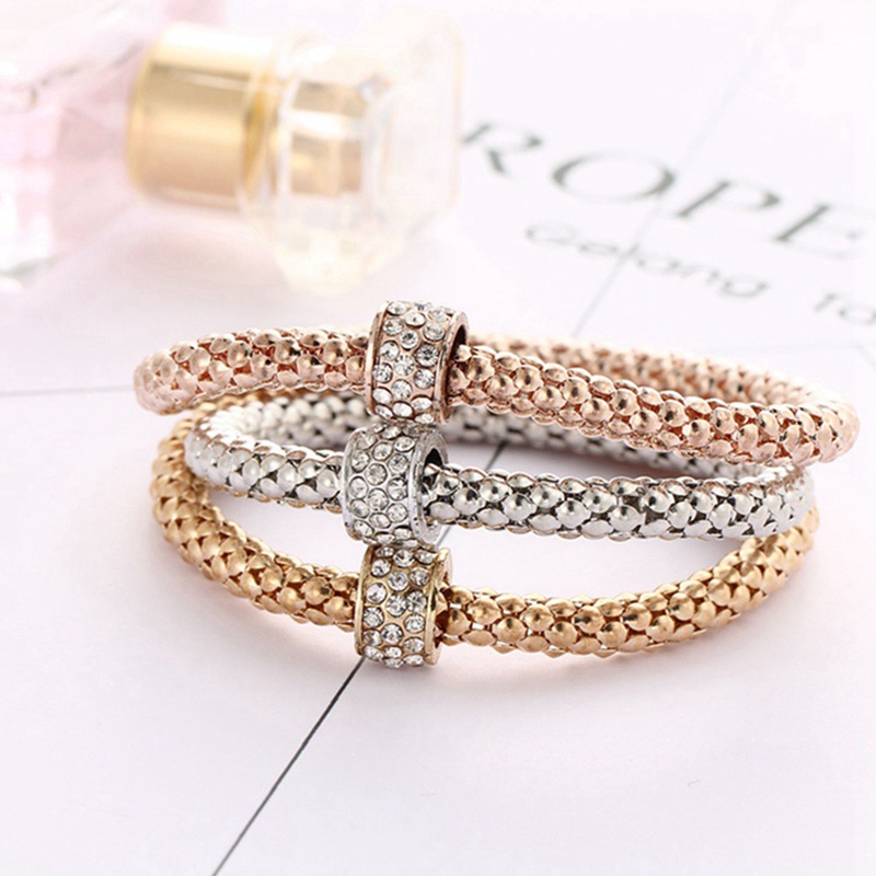 Fancyqube 3pcs / Set Gelang Bangle Berlian Imitasi Warna Rose Gold Silver Untuk Wanita