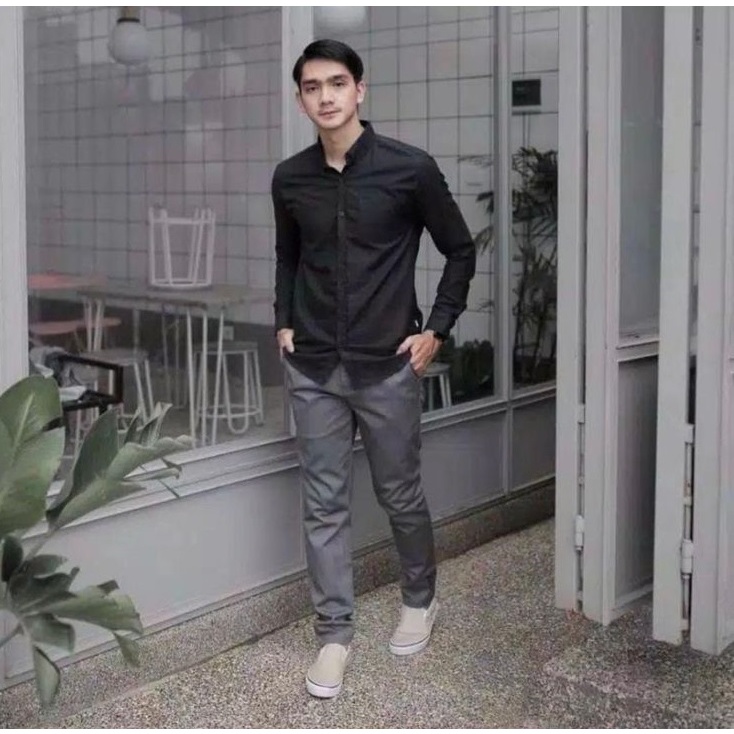 Kemeja Polos Casual Pria Lengan Panjang Slimfit - Jumbo // Kemeja Cowok - Pria Kantoran hem Kantor Navi  Size M L XL XXL