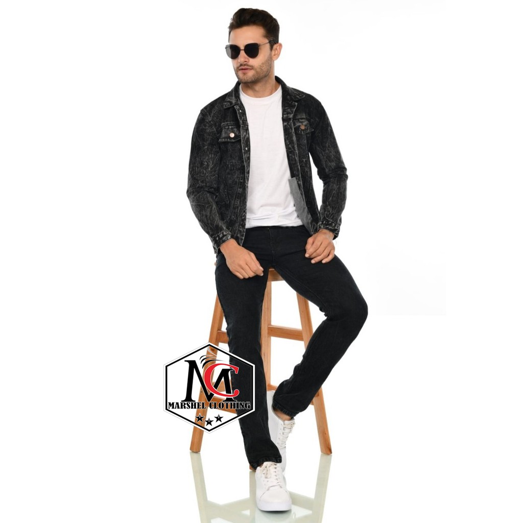 RCL - Jaket Jeans Evermore Hitam Pekat Premium Pria Sandwash Hitam Oversize - Jumbo - Big Size